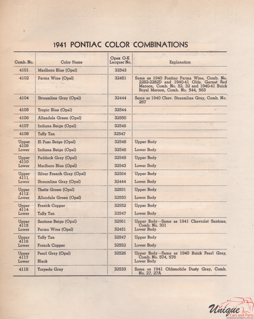 1941 Pontiac Paint Charts Williams 2